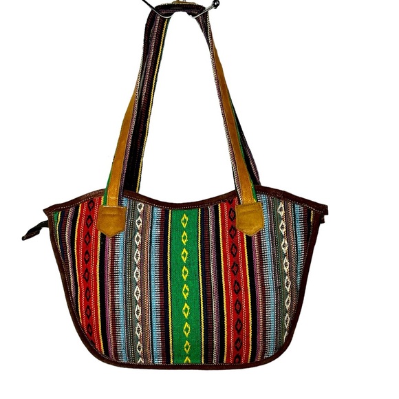 VTG Handmade Southwestern Tapestry Woven & Genuine Leather Shoulder Bag Purse - Picture 2 of 5